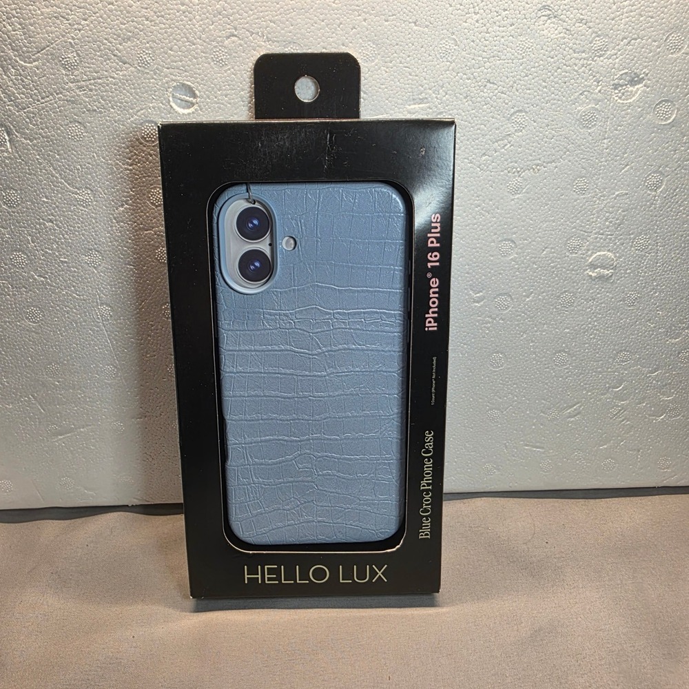 Hello Lux Blue Croc Phone Case for iPhone 16 Plus Faux Leather Cover